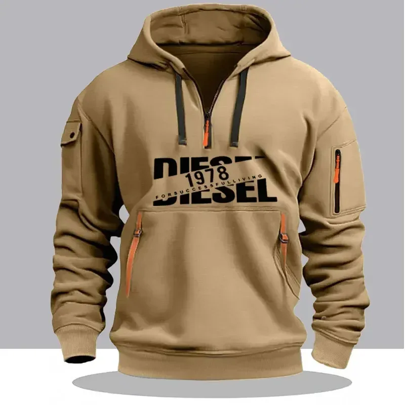 Men Casual Hooded Collar Drawstring Hoodies Sweatshirts Long Sleeve Shirts Outdoor Streetwear Lightweight Zipper Design Pullover
