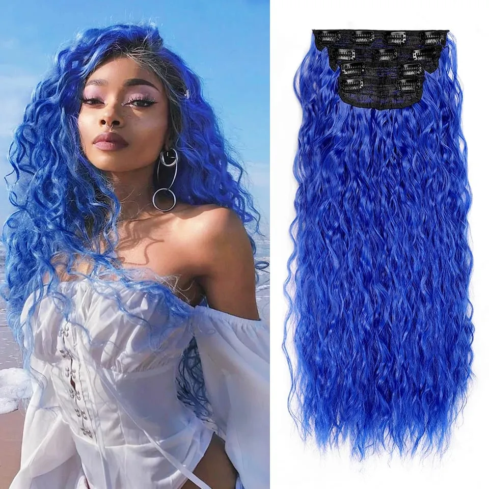 4PCS set Clip in Hair Extensions Natural Black Corn Wavy 20'' Long Curly Thick Synthetic Hairpieces for Women Girls Daily Party