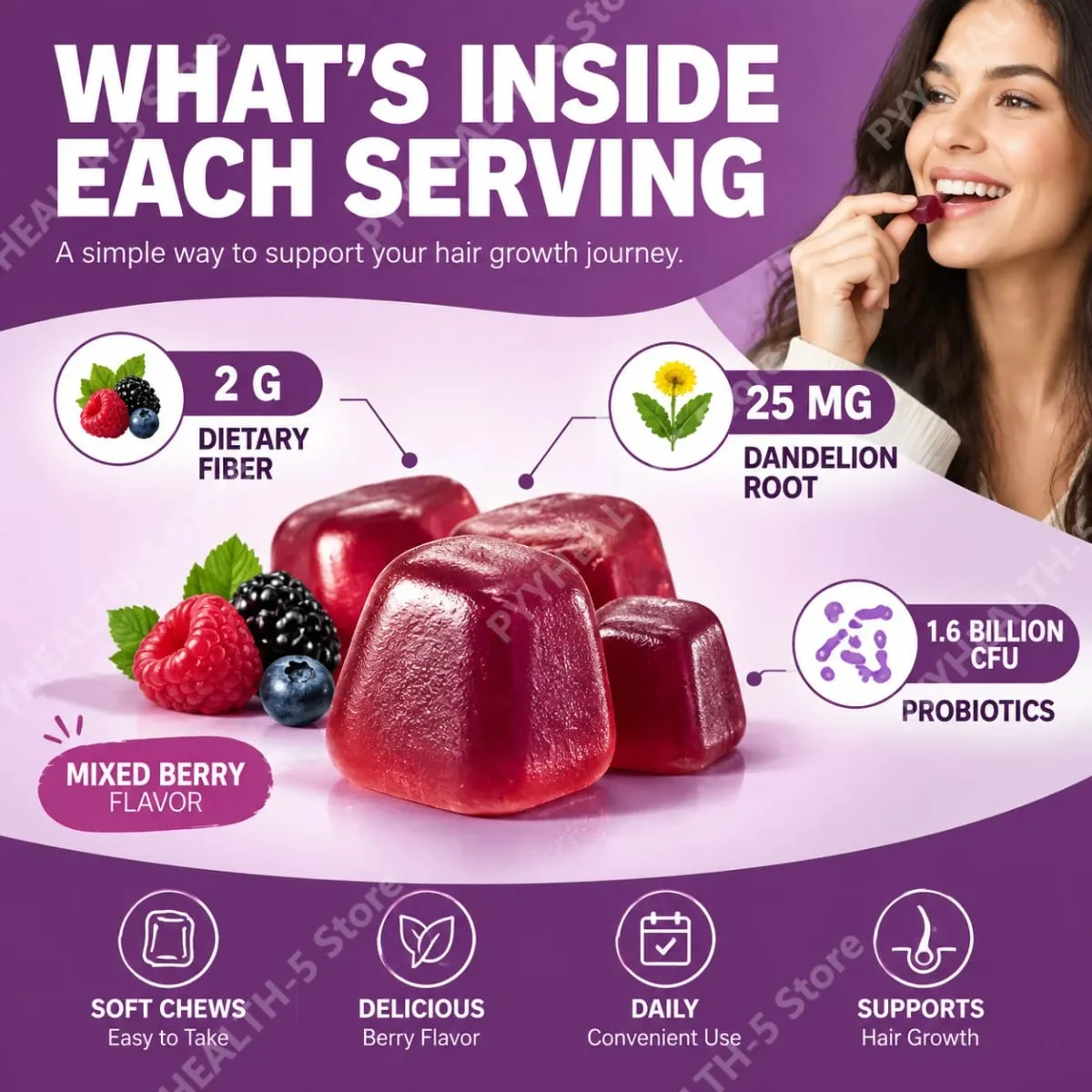 Biotin Hair Growth Soft Chews อาหารเสริมสนับสนุน Fuller ผมหนา Vitamin C & E สำหรับสุขภาพผมบำรุง 60 Gummy