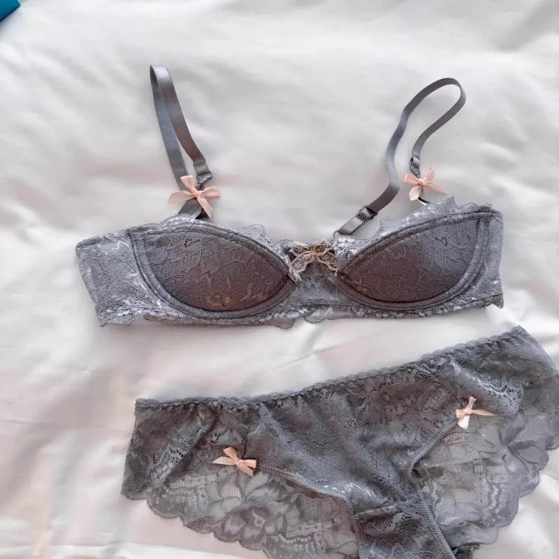 Best Sellers Women Sexy Lace Half Cup Bra Set Soft Underwire Gathered Thin Push Up Elegant Exquisite Lace Comfort Lingerie Set