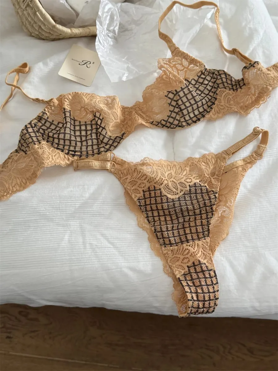 Bra lattice embroidery mesh underwear women small fresh top lingerie with panties support large breasts show small bra set