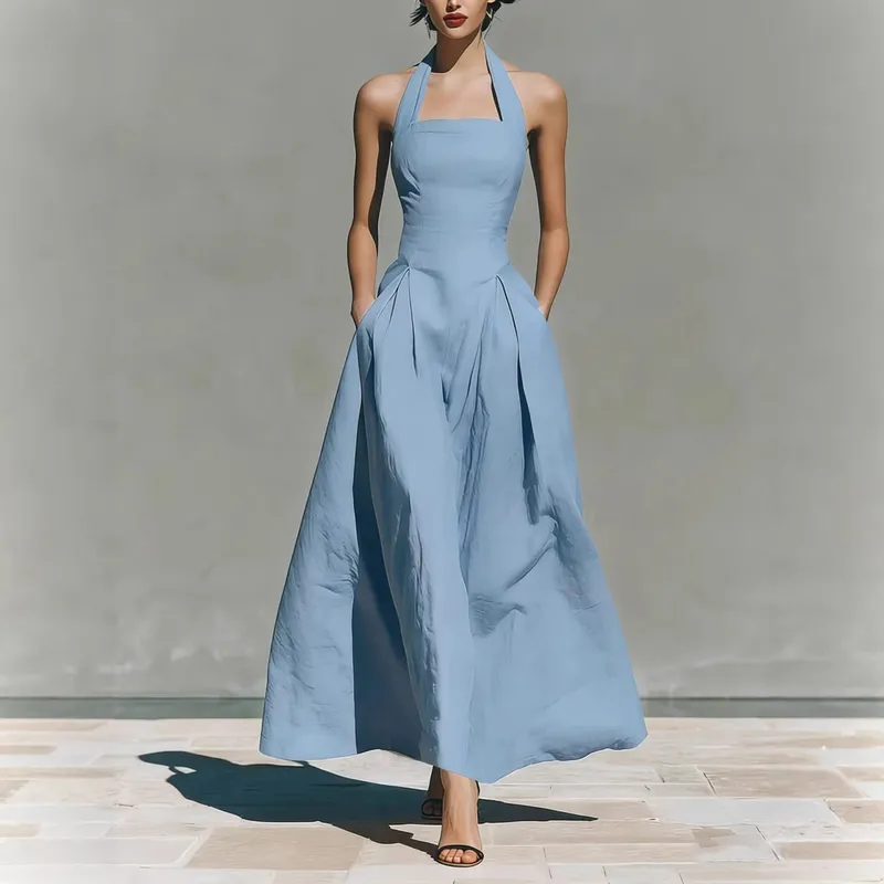 2026 Women's Spring and Summer Neck-Hanging Linen-Style Leisure Fashion Fitting Pocket Dresses — image 4