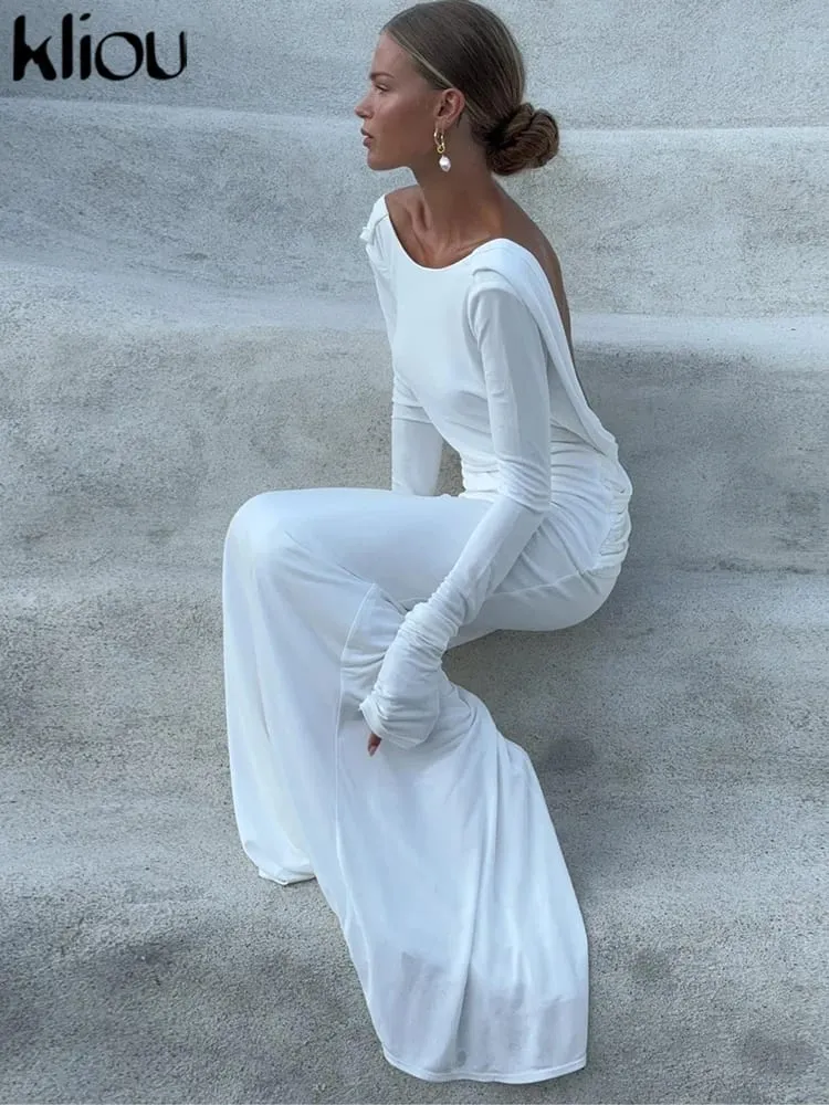 kliou Solid Elegant Women Maxi Dress Simple Fall Classic Trend Full Sleeve Swinging Backless Sheath Vestidos Mujer Evening Robe — image 1