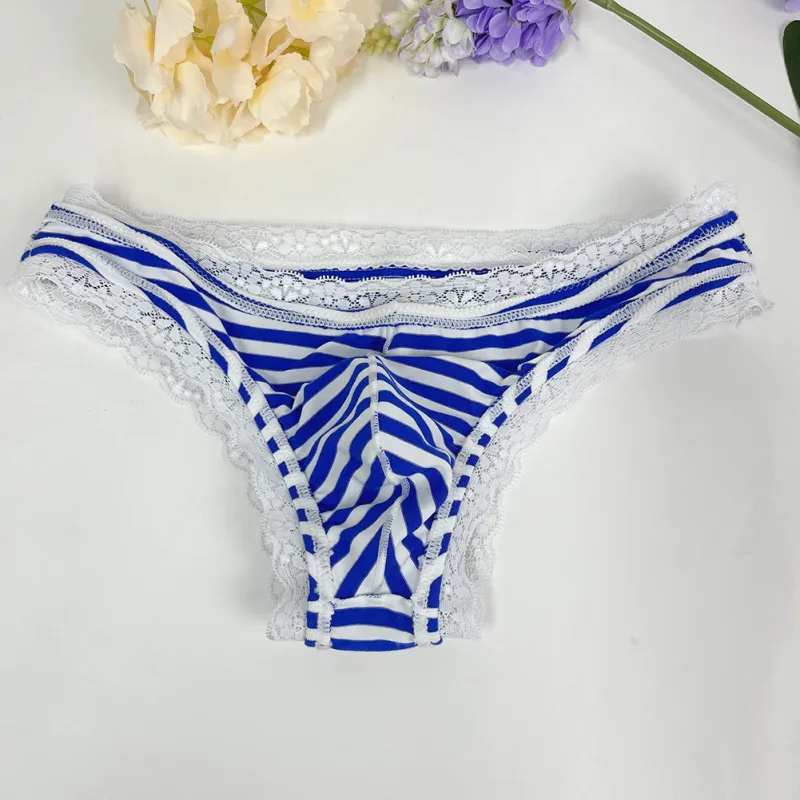 Men Lace Trim Striped G-string Underwear Half-covered Butt Low-rise Pantie Thong Half Hip Men Briefs Mens Sexy Underwear