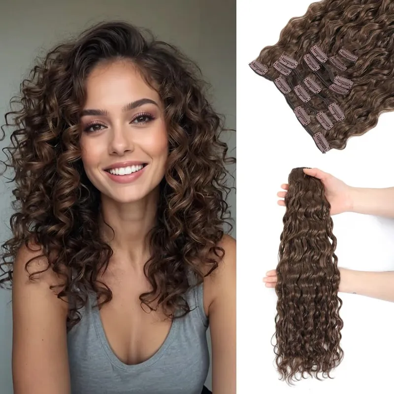 12A Curly Clip in Hair Extensions Brown Water Wave Real Remy Human Hair Clip in Extensions for Women Curly Clip Ins 7pcs 120g — image 1