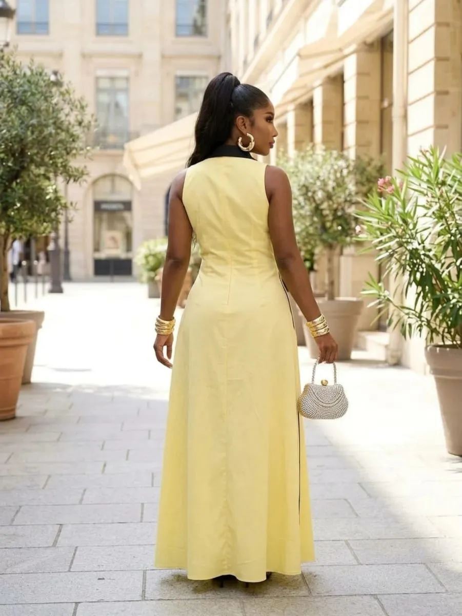 Women Sleeveless Contrast Lapel Button‑Front Split Maxi Dress With Pockets Daily Commute Street Casual Long Dress — image 5