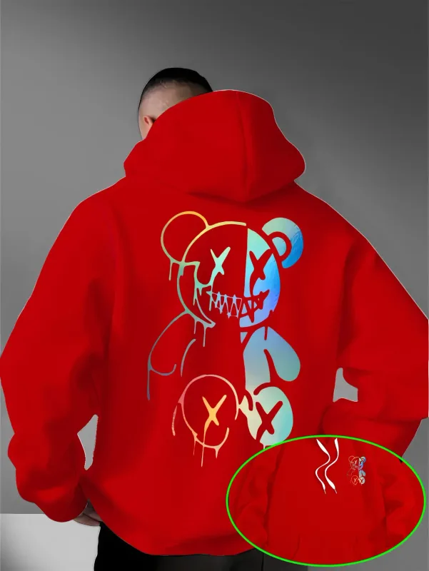 Loose Oversized Men Hoodies Holographic Split Evil Bear Front Back Dual Print Pullover Sweatshirt Dark Street Daily Hooded Tops