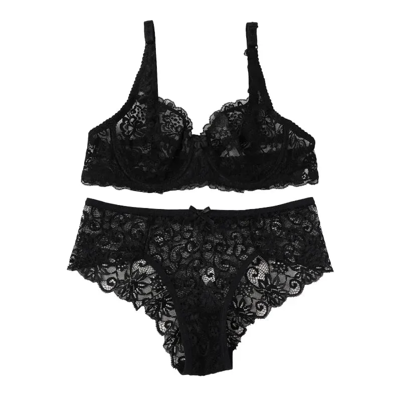 Women's Sexy Lace Thin Bras Suit Non-pad Exquisite Push-up Bra Solid Breathable Underwire G-String Panties Underwear Set — image 8