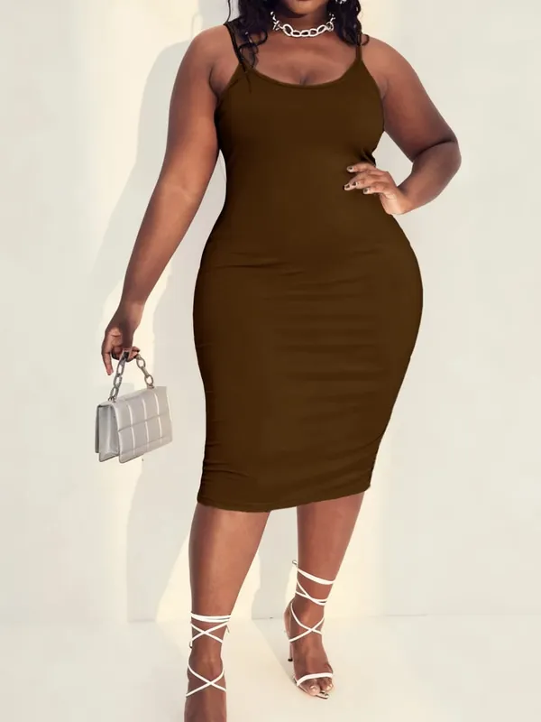Plain Solid Low Scoop Neck Mid-Length Silhouette Wide Color Range Plus Size Knit Spaghetti Strap Maxi Dress Skin Friendly Comfort Modern Fashion Casual All Season Daily Wear Sleeveless Dress For Curvy Females — image 3