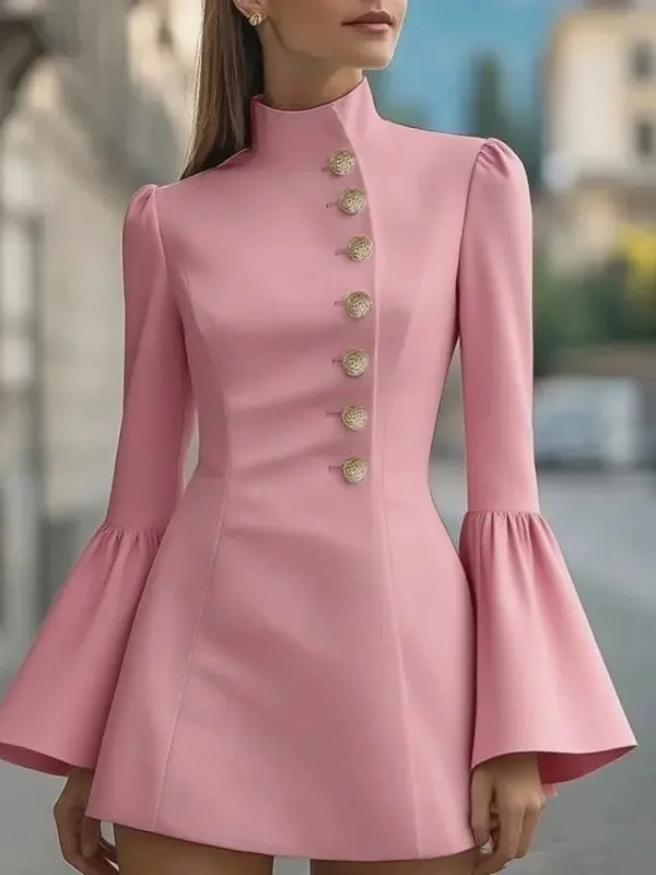 Autumn temperament slim solid colour stand-up collar flared sleeve single-breasted suit dress