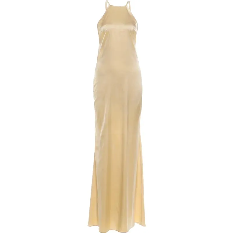 Nibber ærmeløs grime satin kjole Kvinder Metalspænde Elegant Patchwork Mode Klassisk aftenfest Rygløs Lang Bodycon