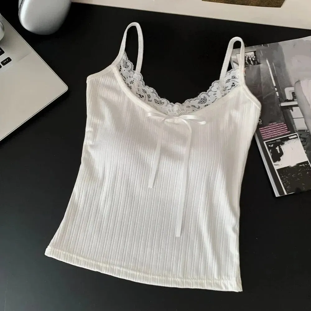 เอว cinching แขนกุด Slim Lace Crop Top Y2k สีทึบ Camisole พร้อมแผ่น Bottoming เสื้อ Sweet Lace Patchwork Vest Lady