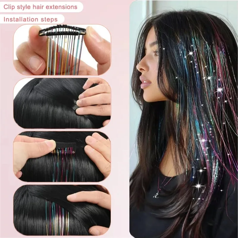 20 Inch Synthetic Hair Extensions -12 Piece Set of Colorful Glitter Hair Accessories Suitable for Girls' Party Birthday Gifts — image 4
