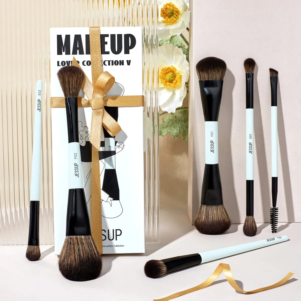 Jessup Double-Ended Makeup Brushes 6pcs Vegan Fiber Daily Use Bright Cyan