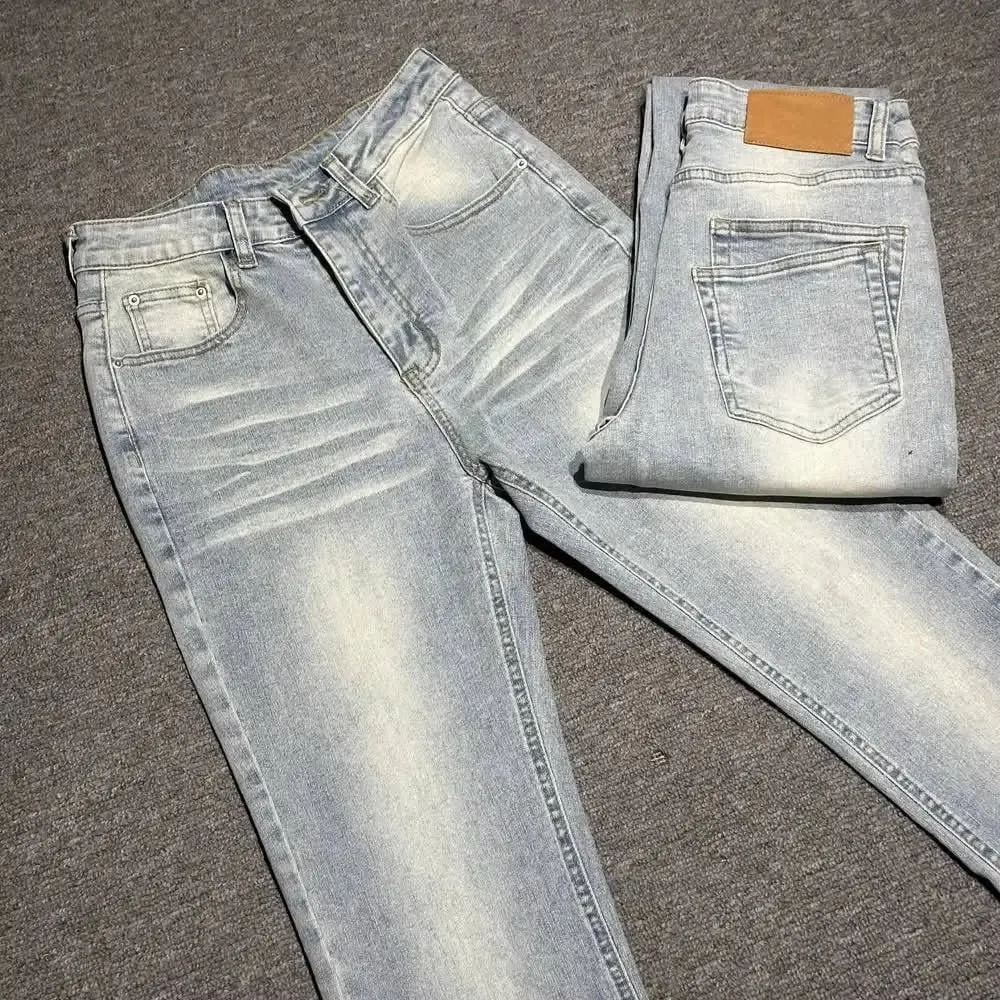 Man Jeans Designer Menswear Clothing Luxury Washed Light Blue Cat Whisker Slim Elastic Jeans Men's Thin Straight Scimitar Pants — image 4