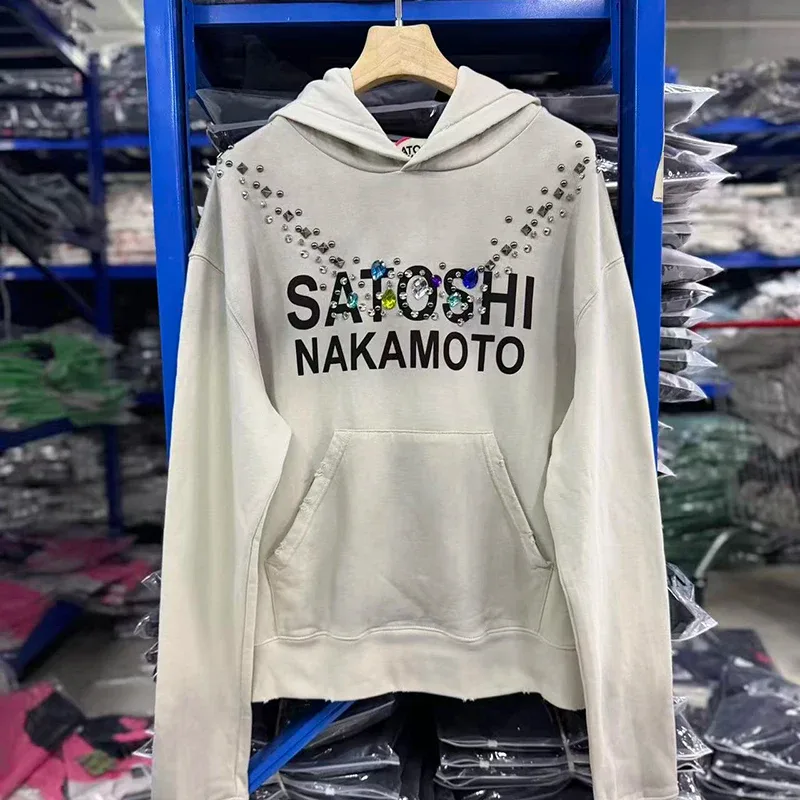 26SS Autumn Winter New Arrival Satoshi Nakamoto Hooded Sweatshirts Destructo Studded Washed Cotton Hooded Unisex Pullover — image 13