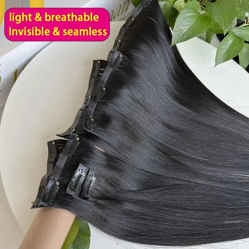 7Pcs Invisible Seamless PU Clip in Human Hair Extension Tape Weft Clip in Extensions For Thick Raw Hair 100G Clip on Hair