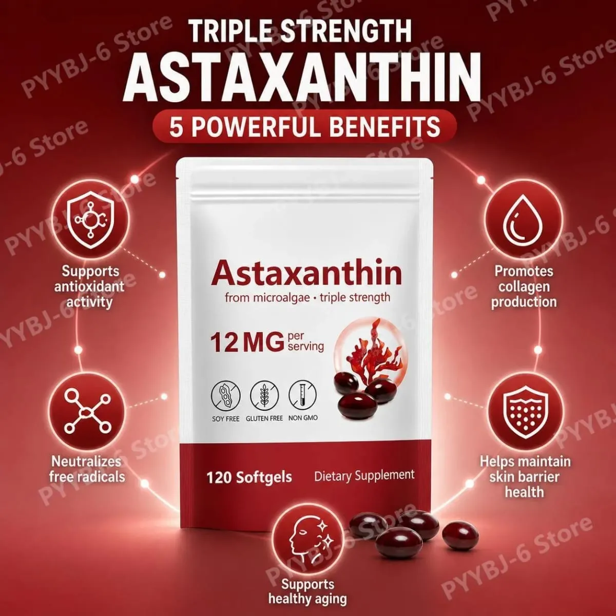 Astaxanthin Softgels Triple Strength From Microalgae Supports Healthy Aging Promotes Collagen Supports Skin Barrier 120 Softgels — image 2
