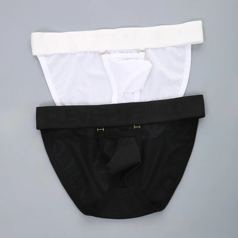 Mesh Underwear Men Sexy Briefs Buckle Bulge Pouch See‑Through Underpants Male Sheer Lingerie Panties