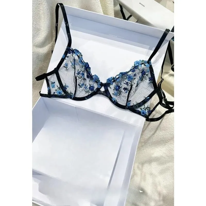 Korean Hot Lace Bra Set Floral Embroidery Transparent Mesh Ultra Thin Big Bust Modest Summer Ladies Daily Wear Underwear 32-38