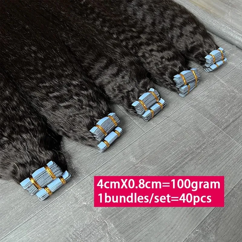 Kinky Straight Invisible Tape In Hair Extensions 100% Raw Virgin Human Hair Adhesive Seamless PU Skin Weft Full Head 40pcs