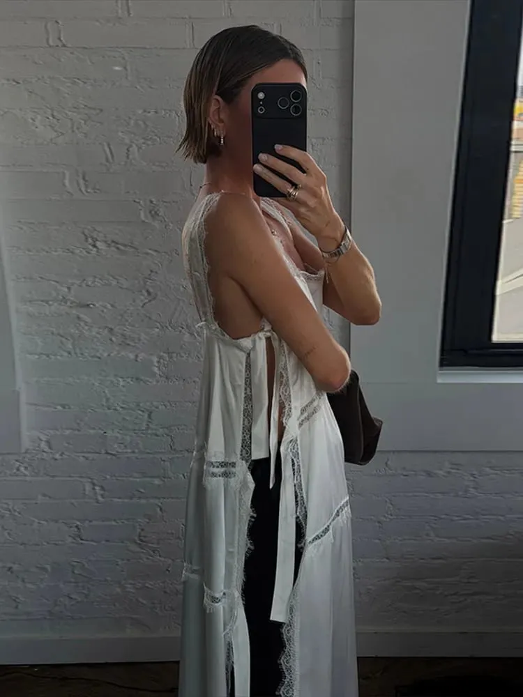 Sexy Solid Lace Patchwork Women's Dress Sleeveless Sling High Split Hollow Out Lady Dresses 2026 Summer Vacation Female Robe