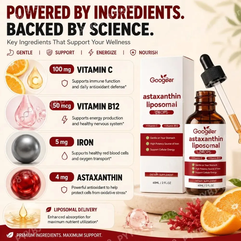 Googeer Liposomal Astaxanthin Drops with Vitamin C To Support Iron Absorption Vitamin B12 for Blood and Nerve Health 60 ML — image 4