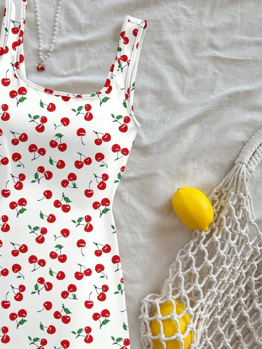 Summer Ladies Backless U-Neck Cherry Print Mini Dress Women's Sleeveless Gown Fashionable Casual Style