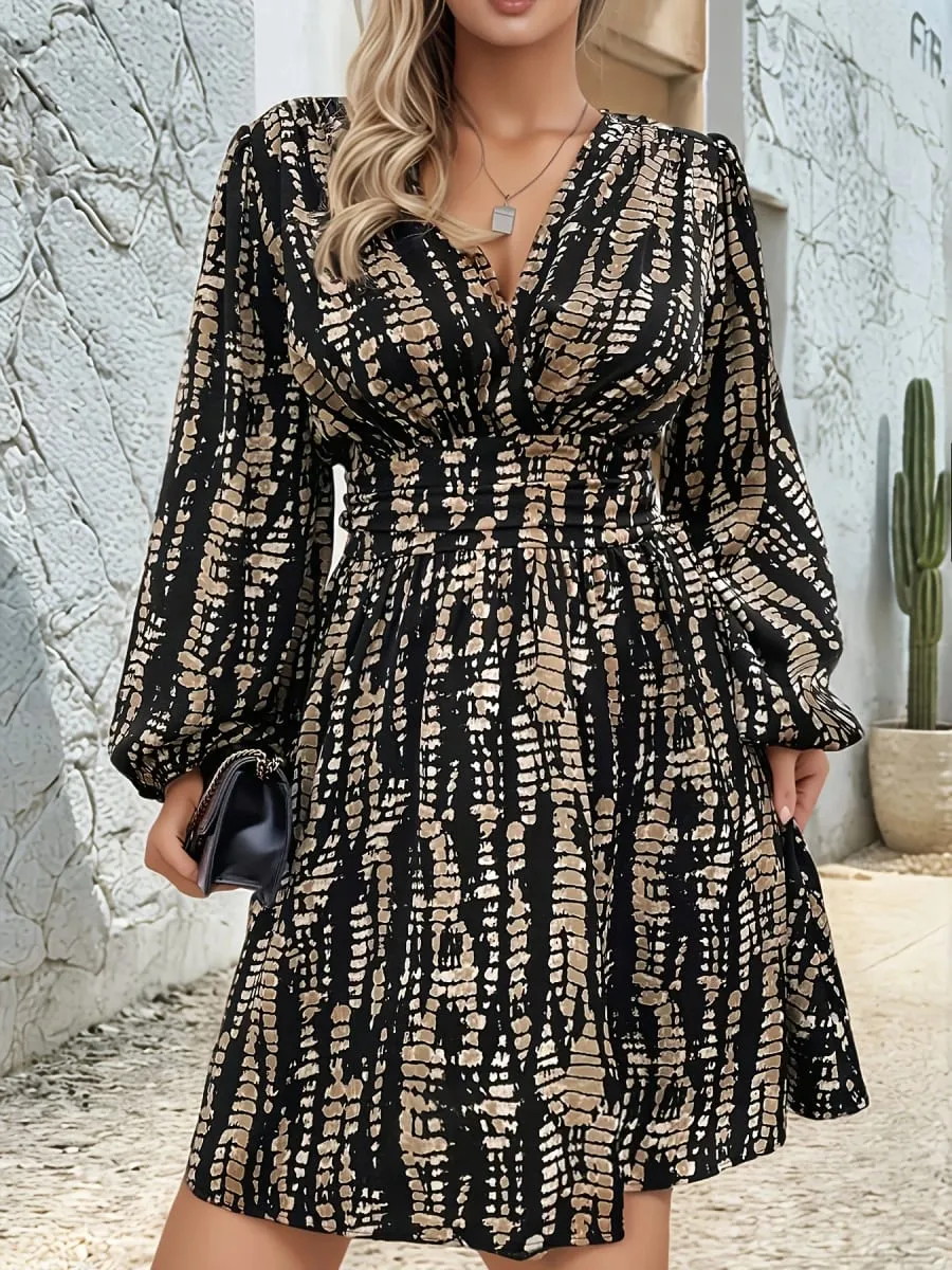 Elegant Directed Cross Neck Pleated Long Sleeve Waist Cinched Floral Print Midi Dress