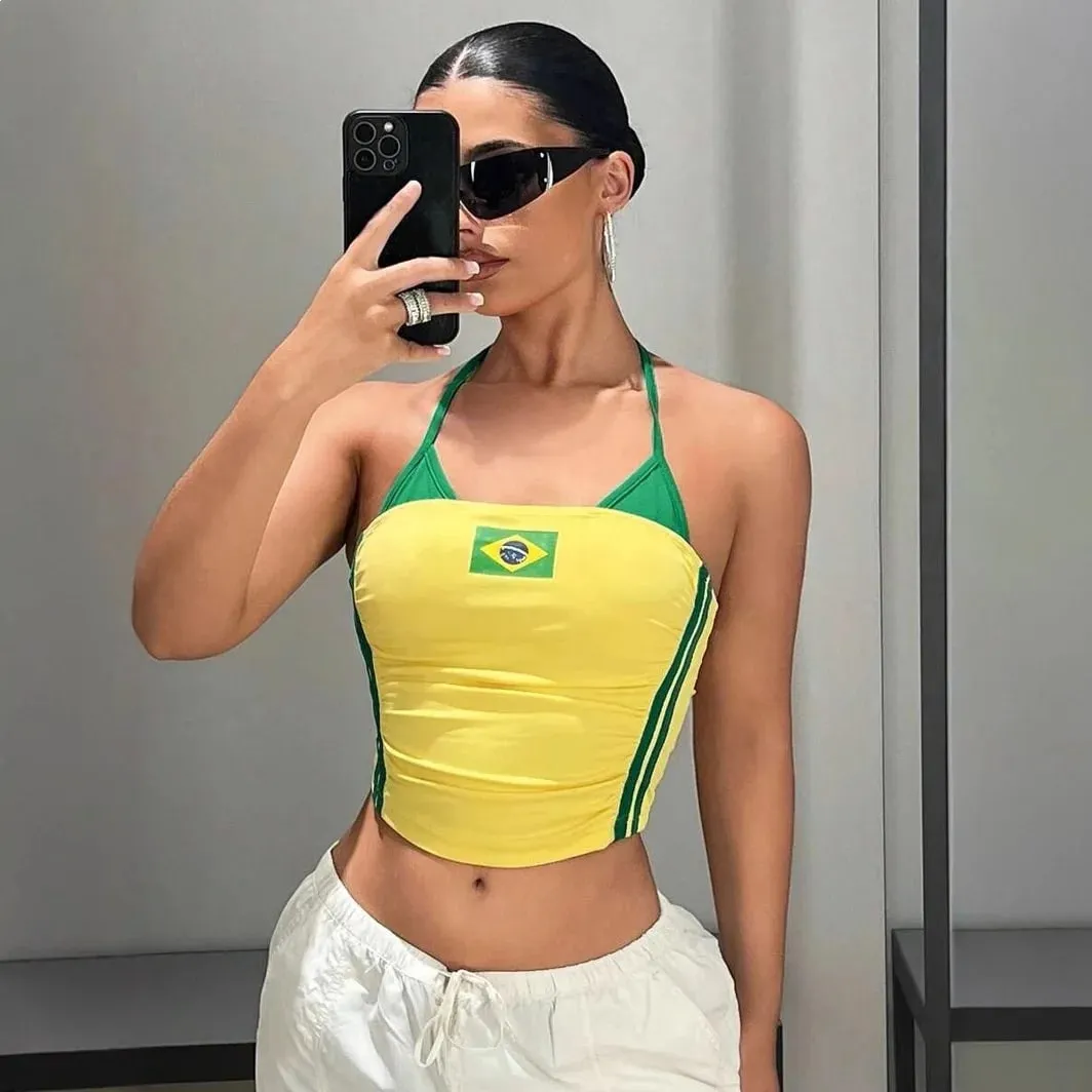 Women Brazil Flag Print Halter Crop Top Color Block Stripe Sleeveless Slim Y2K Summer Streetwear Going Out Sports Cami Tank Top — image 2