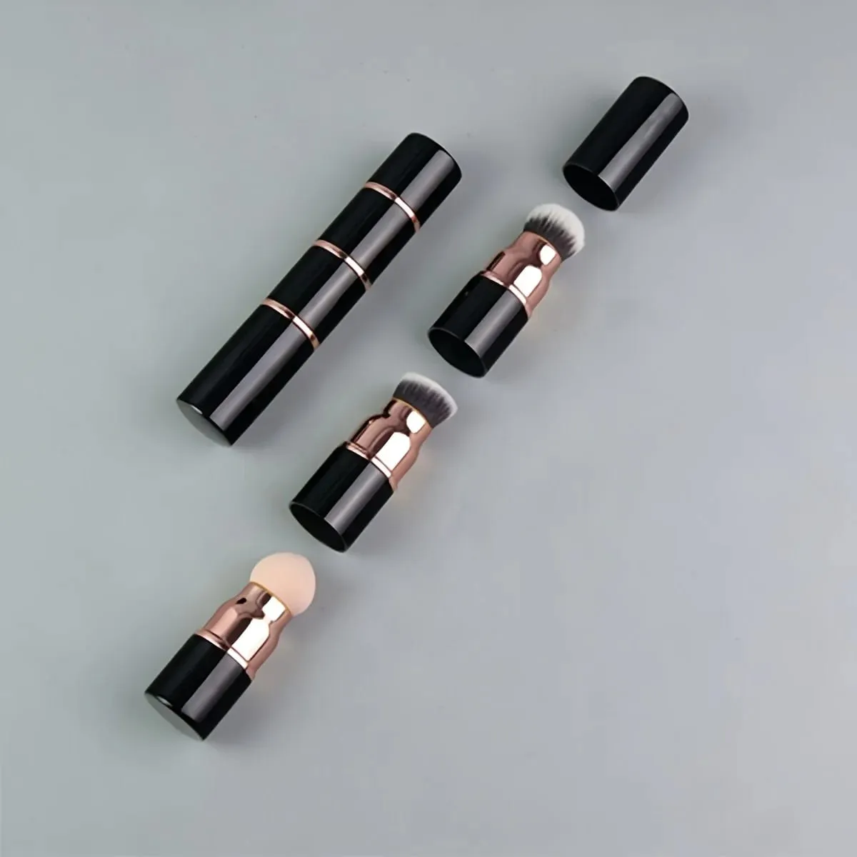3in1 Mini Portable Makeup Brush with Dust Cap Detachable Sponge Angled Foundation & Powder Heads Bionic Hair Sturdy Aluminum — image 2