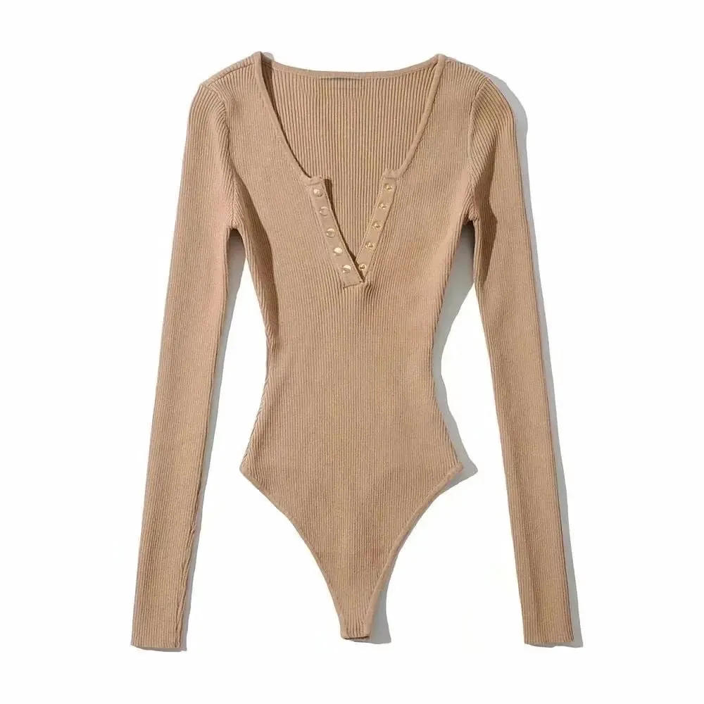 Long Sleeve Gold Button Detail Slim Fit V-Neck Bodysuit Sexy Elegant Wear Spring Autumn Women's Trendy Ribbed Knit Bodysui — image 7