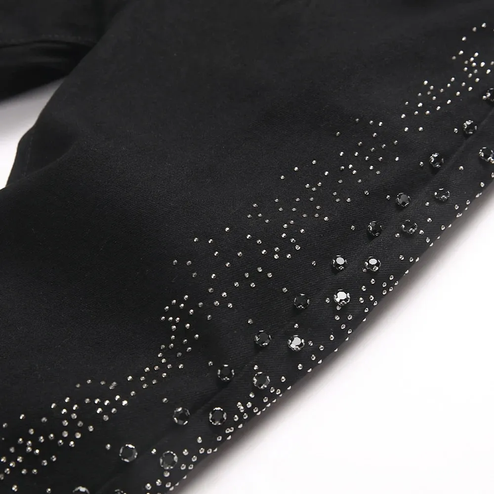 Men's Flared Denim Jeans Punk Crystal Rivet Stretch Black Cotton Spandex Pants Slim Boot Cut Trousers