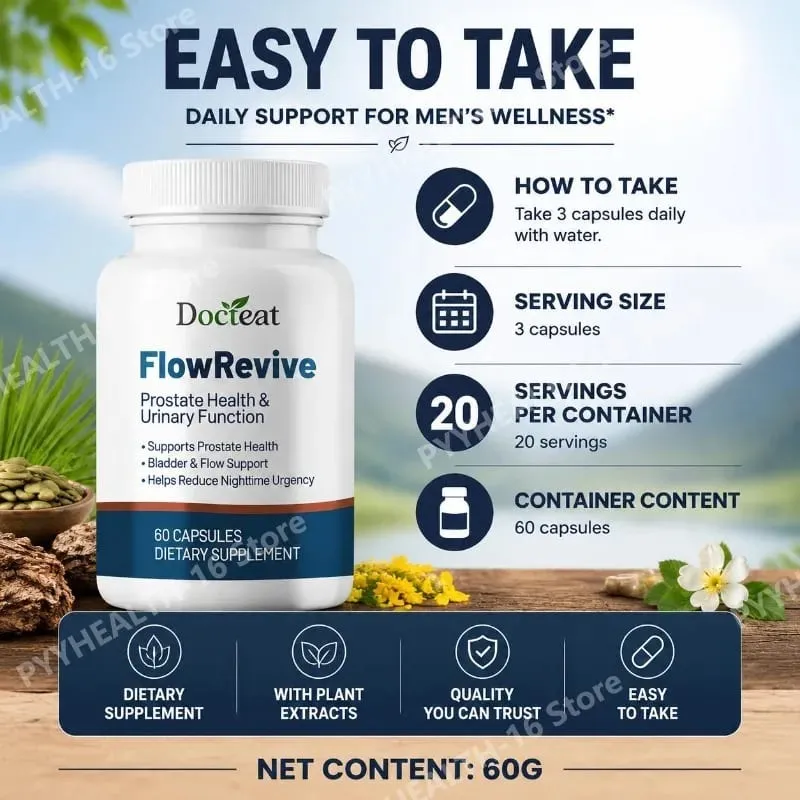 Docteat FlowRevive Prostate Health Urinary Function Botanical Capsules with Saw Palmetto and Pygeum Bark Extract 60 Capsules
