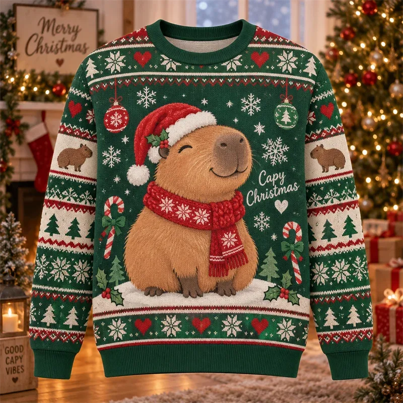 Capybara Christmas Sweater Funny Animal Holiday Graphic Crewneck Xmas Pullover Winter Party Gift Casual Streetwear Festive Top — image 2