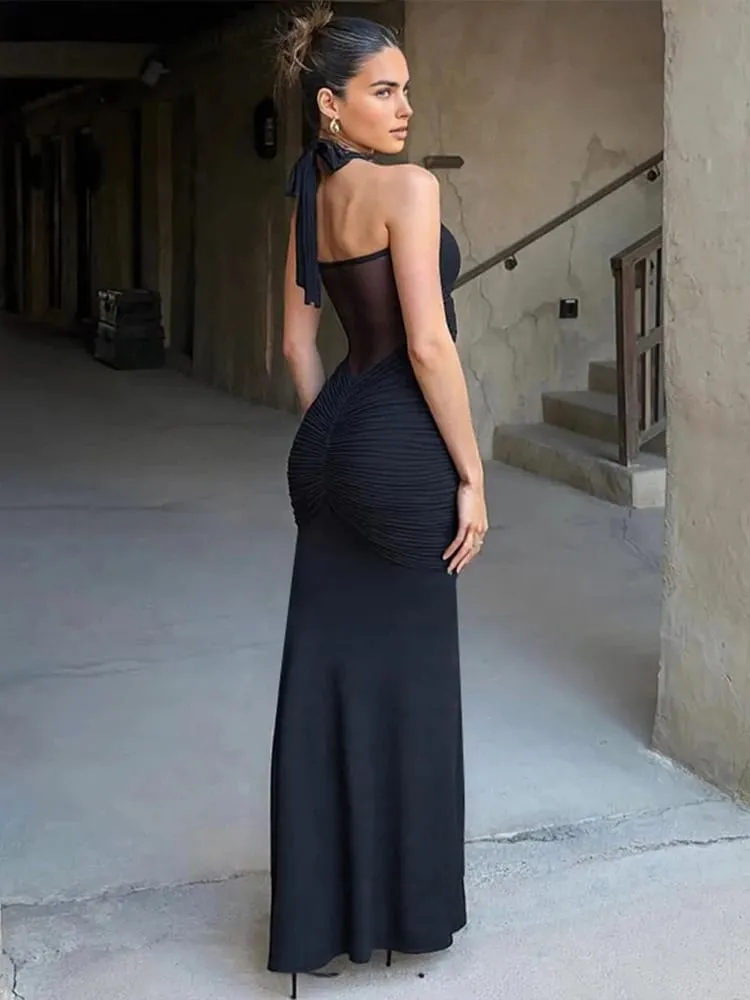 Nibber Halter Mesh Patchwork Dress Women Summer Trend Off Shoulder Backless Ruched Ribbon Midnight Prom Party Hipster Vestidos