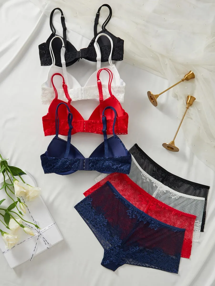 4Set Women Floral Lace Lingerie Set Underwire Push up Bra Breathable Sheer Hollow Panties Ladies Underwear Set