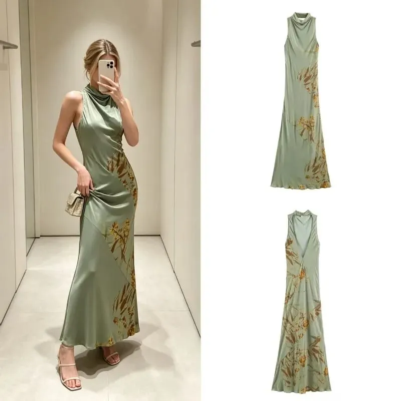 2026 Women Minimalist Outfit Elegant Half High Neck Slim Fit Sleeveless Backless Pleated Printed Sexy Party Club Maxi Dress