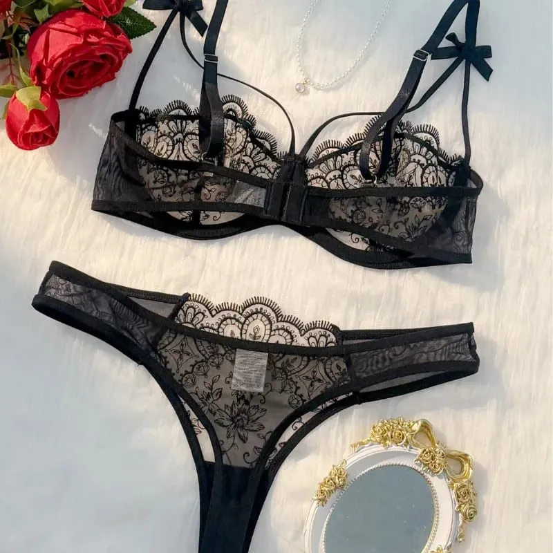 2-piece Women's Black Comfortable Lightweight Bow Womens Lace Embroidery Semi-Sheer Adjustable Strap Bra and Panty Set
