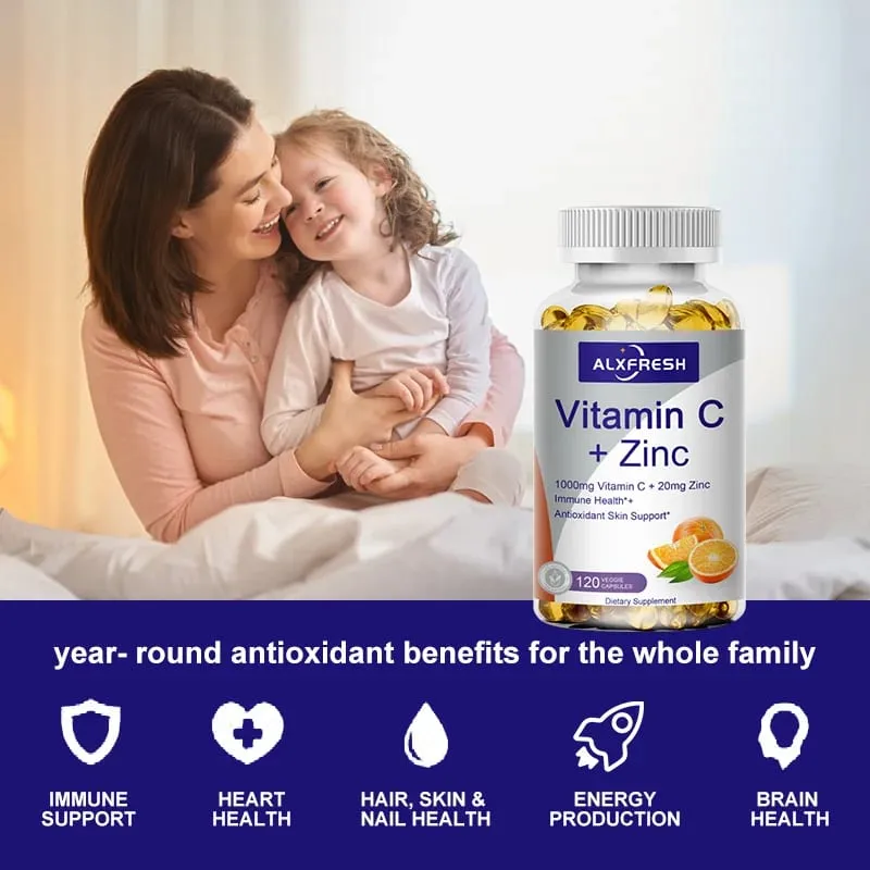 Alxfresh Vitamin C 1000 mg mit Zink 20 mg | Vitamin-Nahrungsergänzungsmittel | GVO-frei und glutenfrei, vegan | für Caps zur Immununterstützung