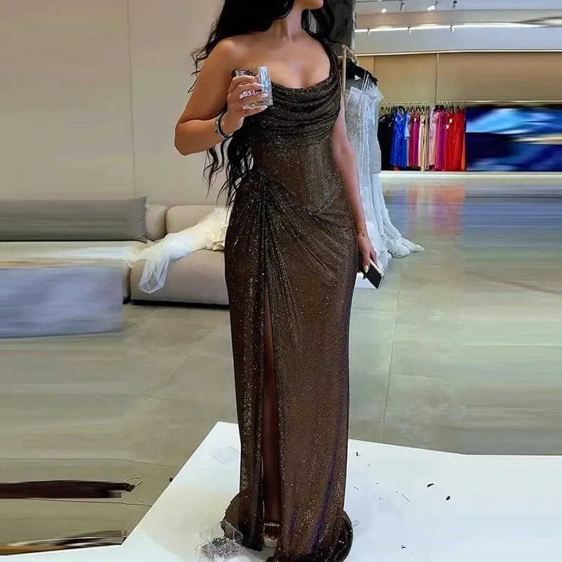 เซ็กซี่ Elegant ความยาวเต็มสูงแยกชุด Chic Girdling จัดเลี้ยง Maxi ชุดผู้หญิงหรูหราหนึ่งไหล่ Glitter Slim Dress