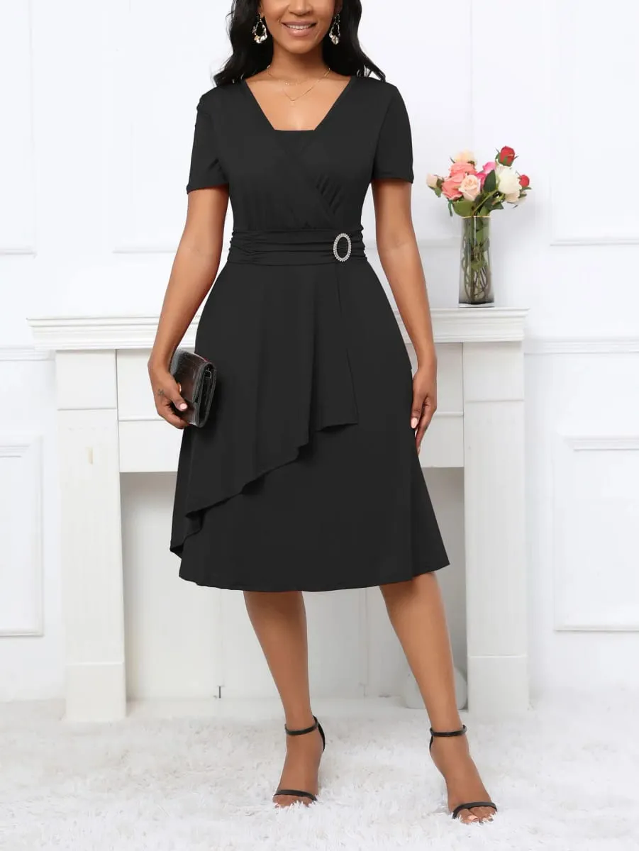 Womens Short Sleeve Summer Square Neck Casual Wrap Fit And Flare Solid Color Swing Midi Dress