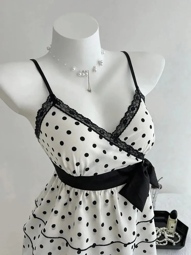 French-Style Retro Lace Patchwork Color-Blocked Bow Polka Dot Camisole Sweet Youthful Stylish Slimming Vacation High-End Top for Women Women's Clothing