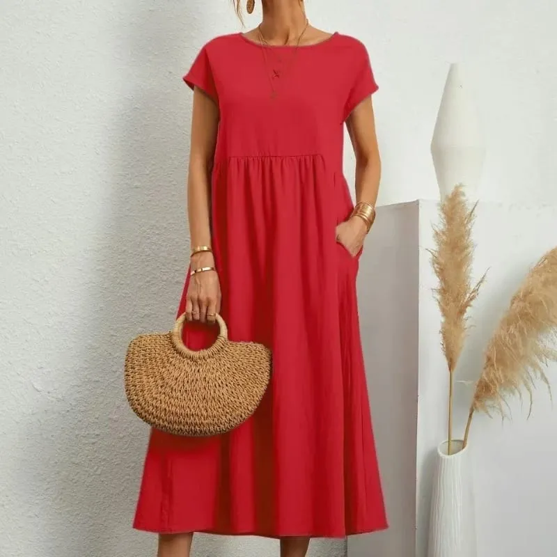 Premium Elegant Solid Cotton Linen Dress Summer Midi with Pockets Loose Fit Casual Crew Neck Short Sleeve for Beach Travel — image 6