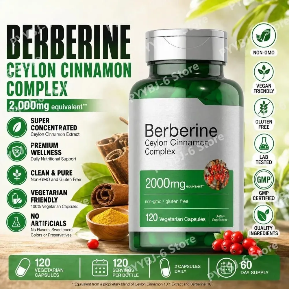 Berberin-Ceylon-Zimt-Komplex, 2000 mg, vegetarische Kapseln, gentechnikfrei, glutenfrei, tägliche Wellness-Ergänzung für Erwachsene, 120 Stück