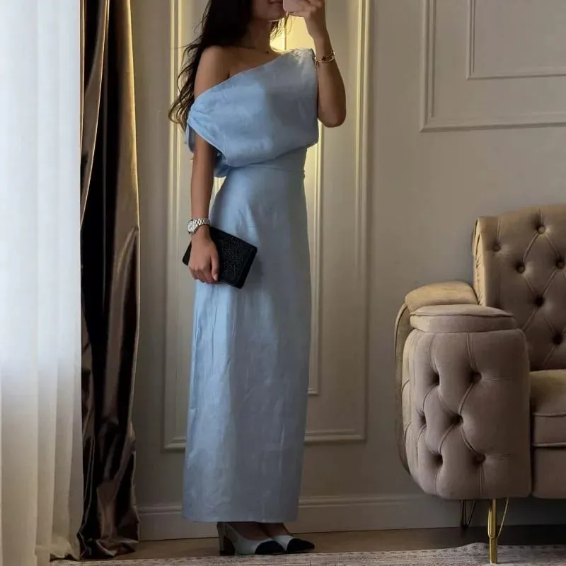 Elegant One Shoulder Asymmetric Pleated Long Dress Chic Solid Color Slanted Collar Slim Cinched Slit Cotton Linen Blend Dresses — image 6
