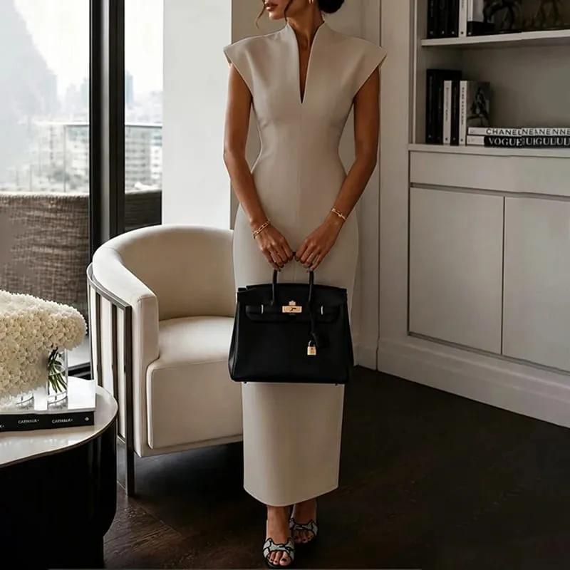 Women's Commuting Evening Party Elegant Gowns Solid Stand Collar V-neck Sleeveless Sheath Maxi Dresses Temperament Clothing — image 3