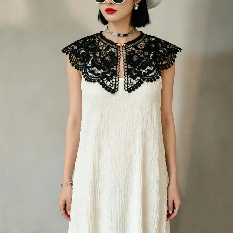 Pleated Sleeveless Elastic Long Dresses Women Vintage Palace Style Womens Black White Doll Fake Collar Soft Midi Dress Clothing — image 15