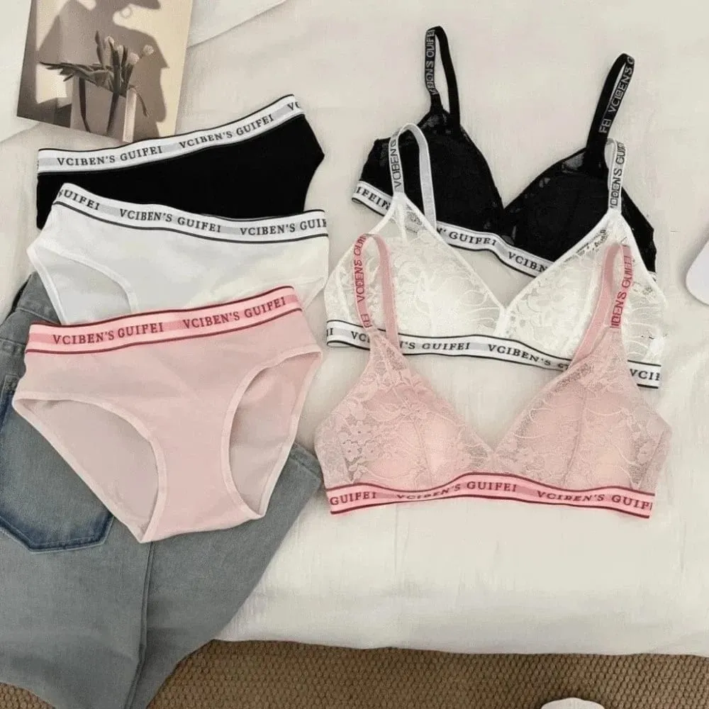 Bra Suit Letter Design Lingerie Set Deep V Wireless Women Underwear Suit Color Blocking Lace Bra Panties Set Girl — image 4