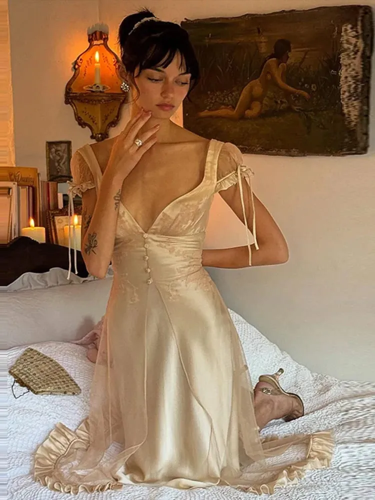 Vintage Chic Women Dress Deep V Neck Mesh Spliced Satin Tie Strap Back Bow Ruffle Hem Midi Dresses 2026 Summer Party Guest Gown